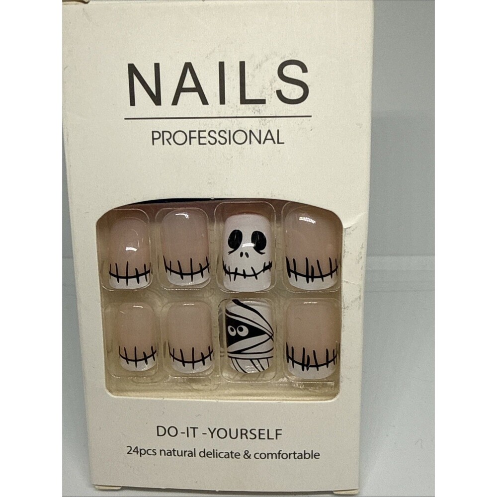 24PCS Halloween Press-On Nails - Mummy & Skull Design w/ Jelly Glue